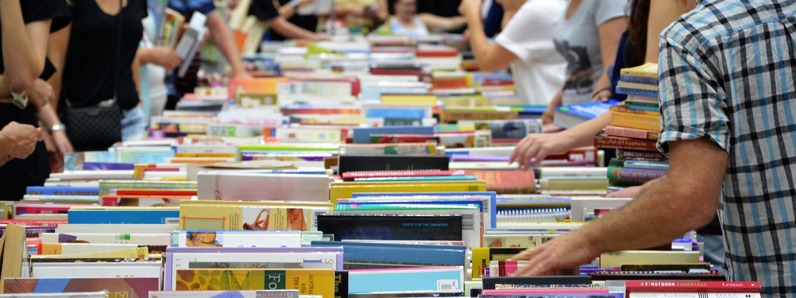 Rows of books lined up at a lifeline bookfest
