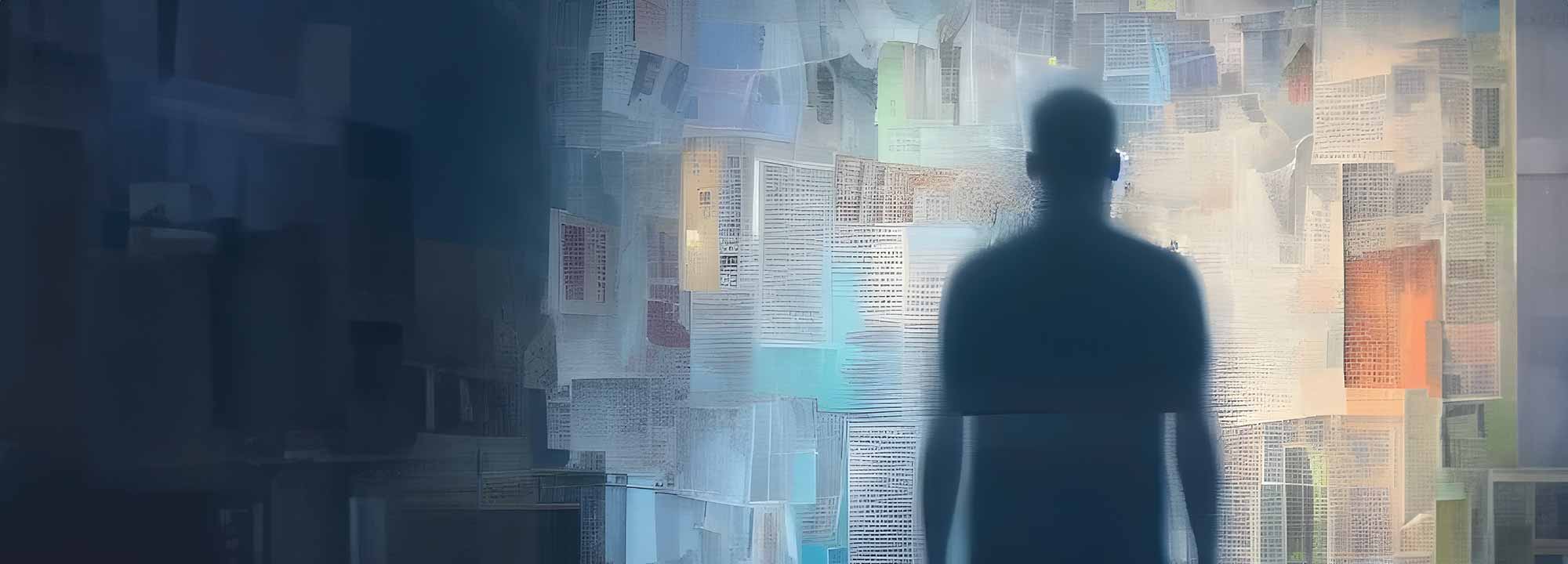 An artistic image of a man’s silhouette looking at a lot of paperwork pinned to a wall.