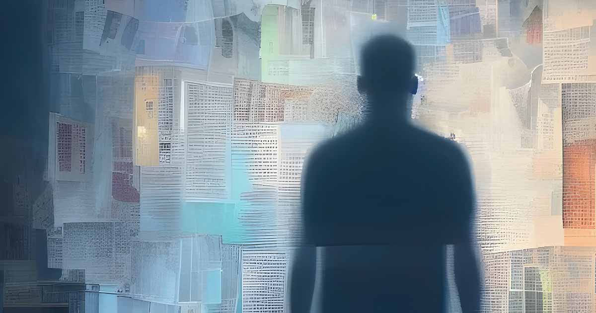 An artistic image of a man’s silhouette looking at a lot of paperwork pinned to a wall.