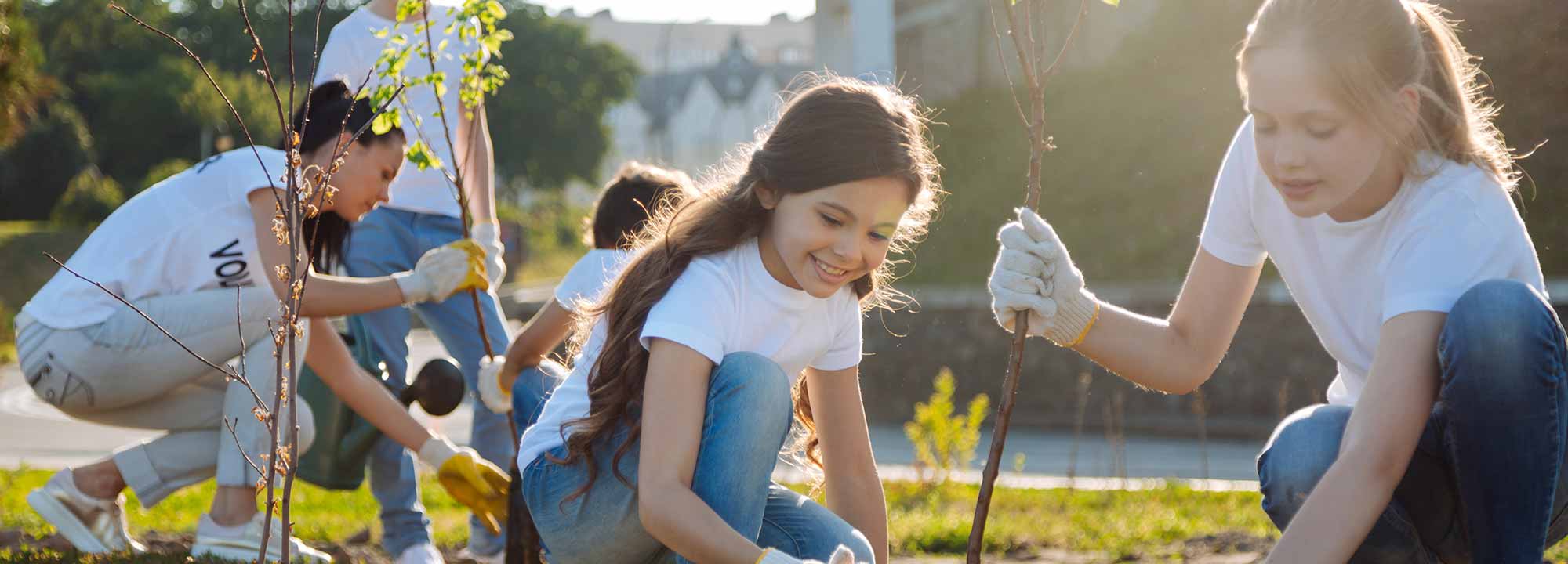 Two children plant a tree, as an adult in the background shows more children how to plant trees.