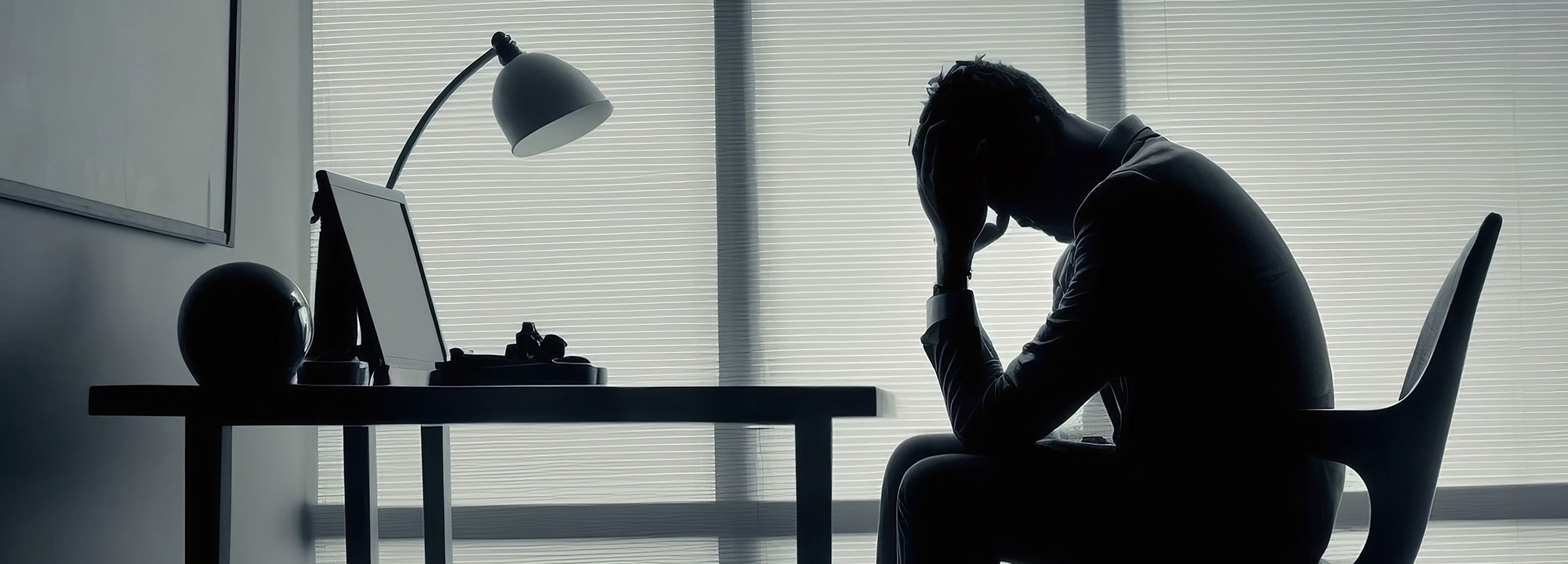 The silhouette of a man bowing his head in his hands as he sits at his desk in an office.